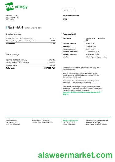 United Kingdom Ovo Energy business utility bill, Word and PDF template